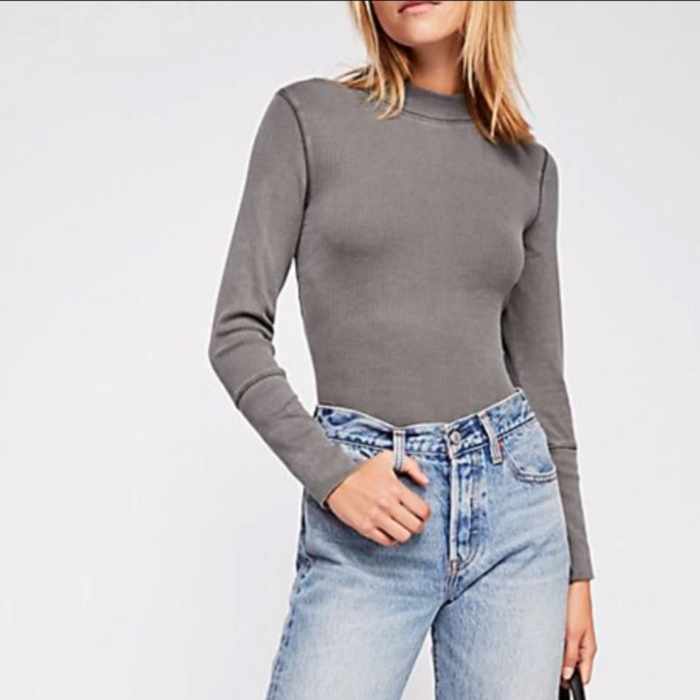Free People The Rickie Mock Neck Grey Long Sleeve Top Size S